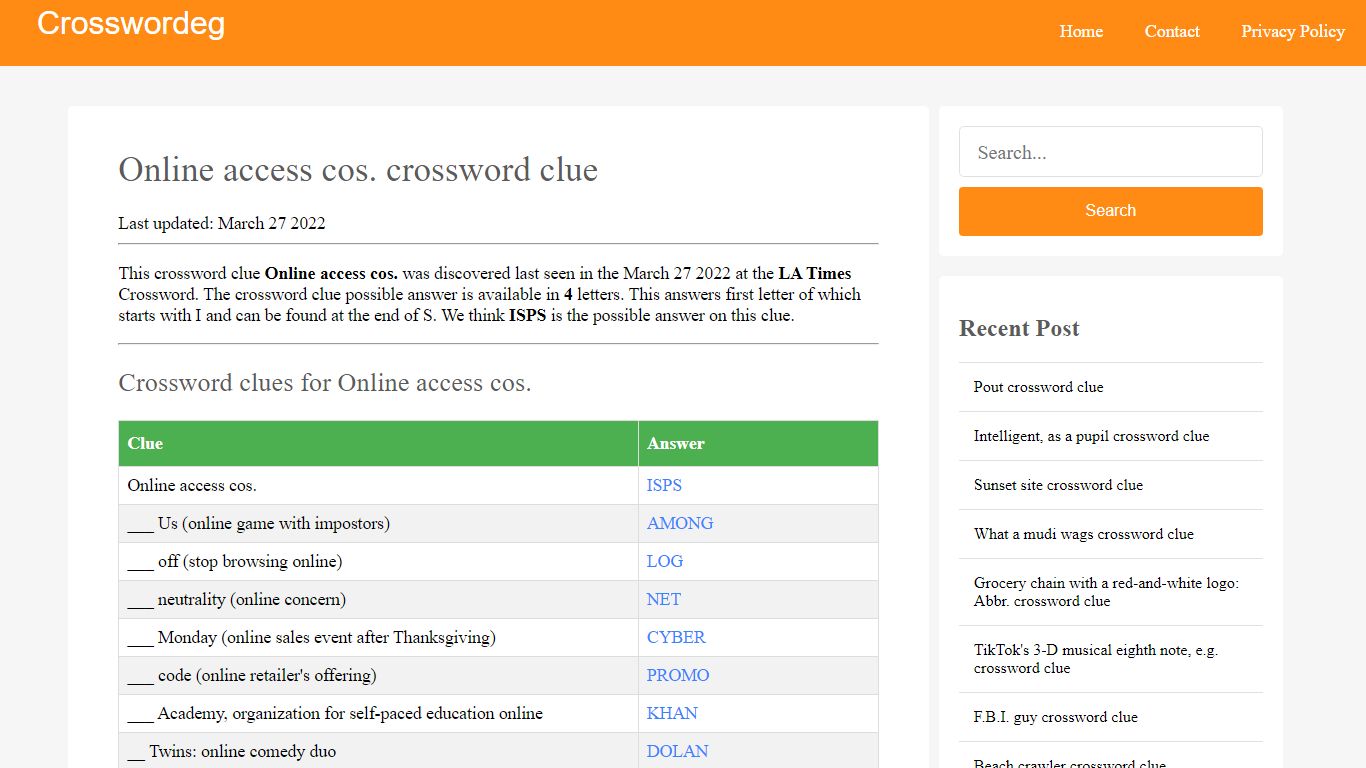 Online access cos. Crossword Clue Answers, Crossword Solver